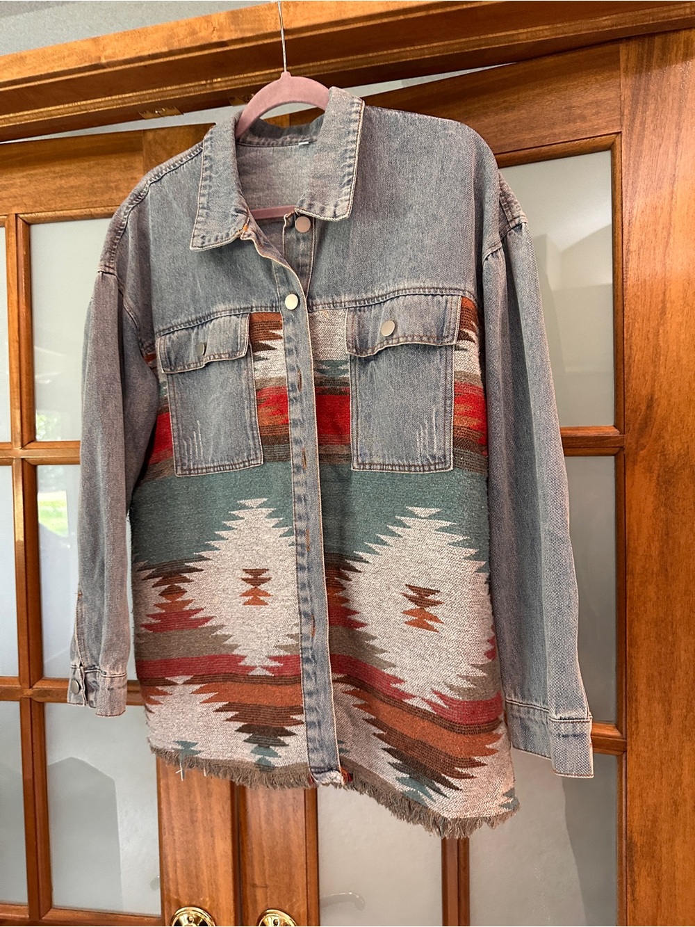 Women's Washed Denim Jacket with Southwestern Pattern